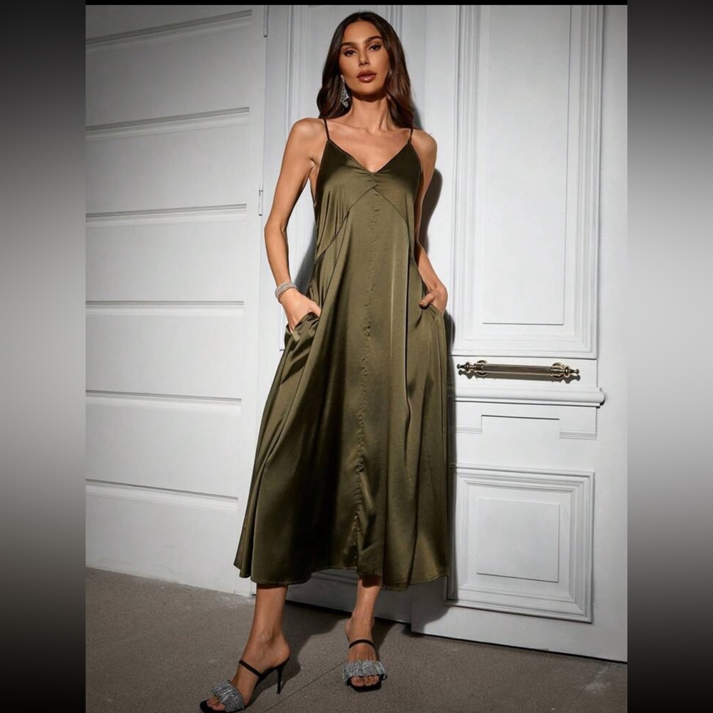 Army green satin cami maxi dress with pockets